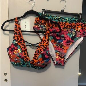 Vibrant Floral and Leopard Print Bikini Set